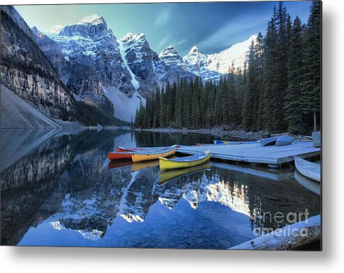 Moraine Lake Metal Print featuring the photograph Canoes In Moraine by Adam Jewell