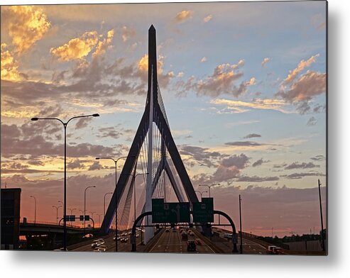 Boston Metal Print featuring the photograph Cars on the move- Lenny Zakim Bridge Sunset by Toby McGuire