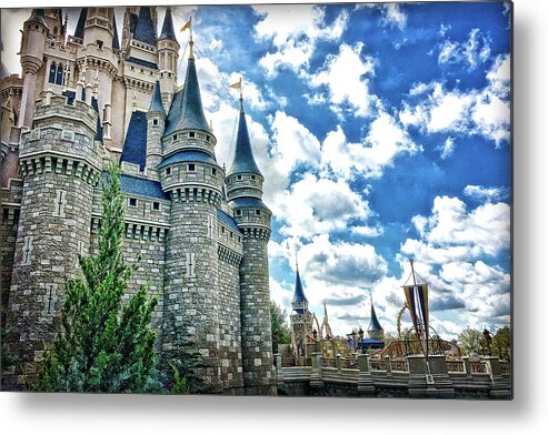 Castle Cinderella Cloud Perspective Blue Sky Magic Metal Print featuring the photograph Castle Perspective by Nora Martinez