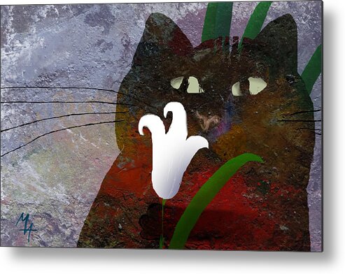 Cat Metal Print featuring the painting Cat with Lily by Attila Meszlenyi