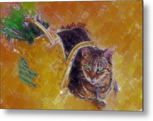 Cat Metal Print featuring the digital art Cat with Watering Can by Nora Martinez