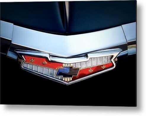 Car Photograph Junk Rust Classic Car Photographer Best Car Photography Automotive Transportation Car Photos Abstract Car Detail Vintage Drag Cars Collector Cars Emblems Car Emblem Signs Neon Buildings Metal Print featuring the photograph Chev Emblem by Jerry Golab