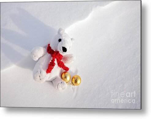 Christmas Metal Print featuring the photograph Christmas Polar Bear in Snow by Charline Xia
