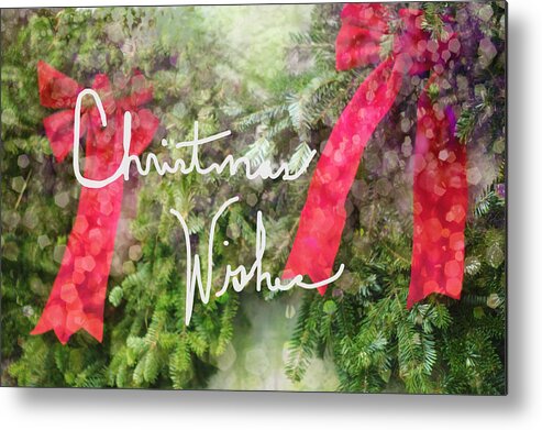 Christmas Wreath Metal Print featuring the photograph Christmas Wishes Wreaths With Red Bow by Suzanne Powers