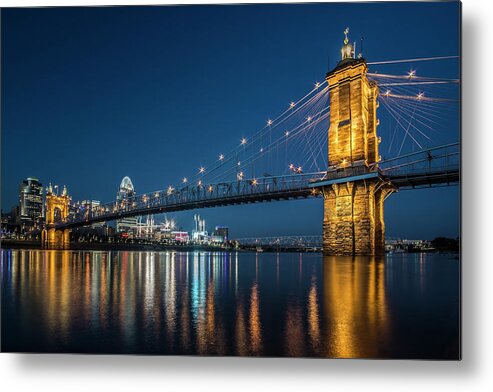 Roebling Suspension Bridge Metal Print featuring the photograph Cincinnati's Roebling Suspension Bridge at dusk by Sven Brogren