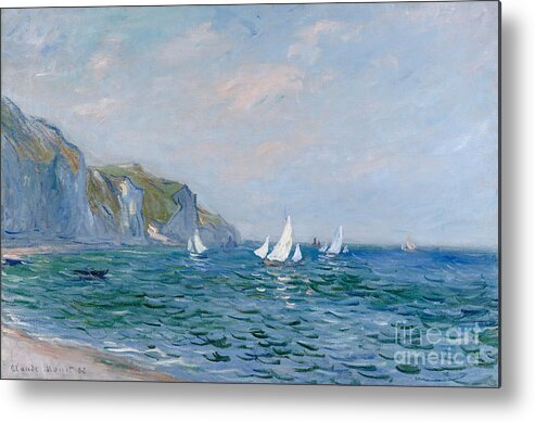 Cliffs And Sailboats At Pourville Metal Print featuring the painting Cliffs and Sailboats at Pourville by Claude Monet