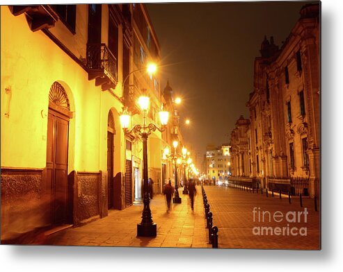 Peru Metal Print featuring the photograph Colonial Street in Central Lima at Night by James Brunker