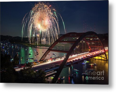 360 Bridge Metal Print featuring the photograph Colorful 4th of July fireworks explode over the 360 Bridge over by Dan Herron