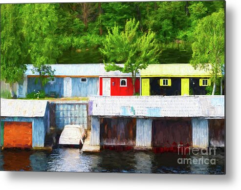Row Metal Print featuring the photograph Colorful Boathouses - painterly by Les Palenik