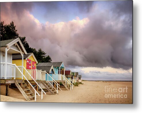 Norfolk Metal Print featuring the photograph Colourful beach huts on golden sand coast by Simon Bratt