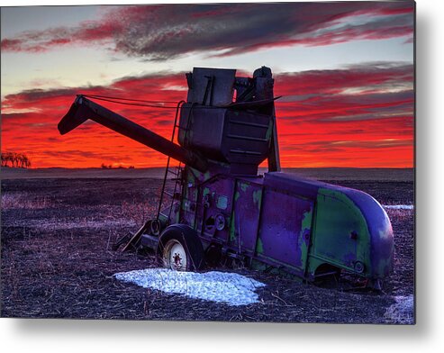 Combine Harvester Antique Abandoned Vintage John Deere Sunrise Landscape Red Green Snow Winter Metal Print featuring the photograph Combine Towards the Light by Peter Herman