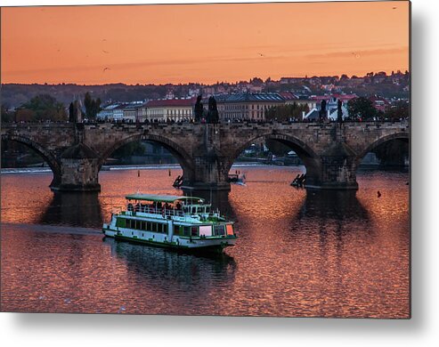Jenny Rainbow Fine Art Photography Metal Print featuring the photograph Copper Sunset over Vltava River. Prague by Jenny Rainbow