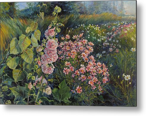 Flowers Metal Print featuring the painting Cosmos and Hollyhocks by Steve Spencer