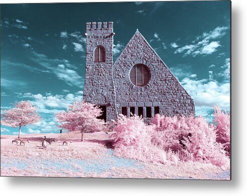 Old Stone Church West Boylston W W. Architecture Stonewall Outside Outdoors Sky Clouds Trees Bushes Brush Grass Geese Birds Newengland New England U.s.a. Usa Brian Hale Brianhalephoto Ir Infrared Infra Red Historic Metal Print featuring the photograph Cotton Candy Church 1 by Brian Hale