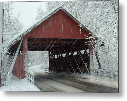 Covered Bridge Metal Print featuring the photograph Covered Bridge in Snow by Don Mennig