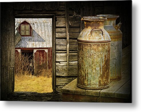 Art & Collectibles Metal Print featuring the photograph Creamery Milk Cans with Window View of an Old Red Barn by Randall Nyhof