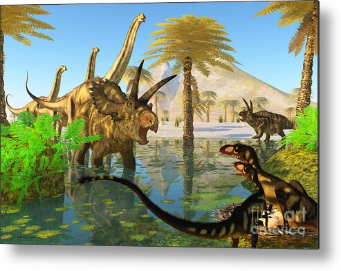 Coahuilaceratops Metal Print featuring the painting Cretaceous Swamp by Corey Ford