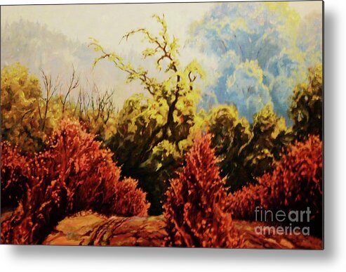 Oil Metal Print featuring the painting Crimson Rows by Carl Downey