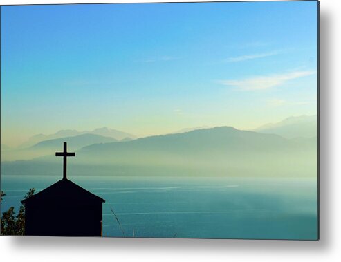 Landscape Metal Print featuring the photograph Cross and foggy moutains in Greece by Susan Vineyard