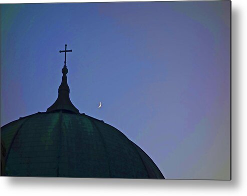 Photo Catholic Cross On Top Of Church With Moon In Sky Metal Print featuring the photograph Cross and Moon by Joan Reese