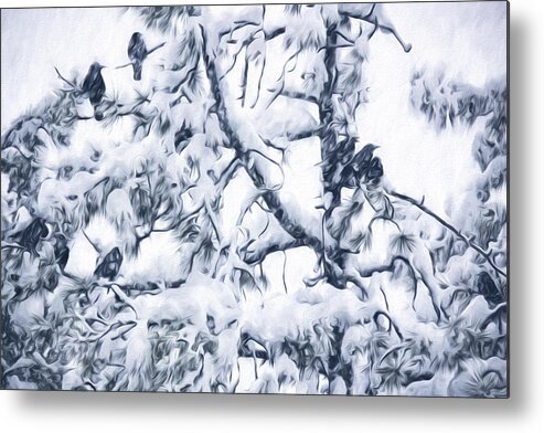 Silent Snow Metal Print featuring the digital art Crows In Snow by Becky Titus