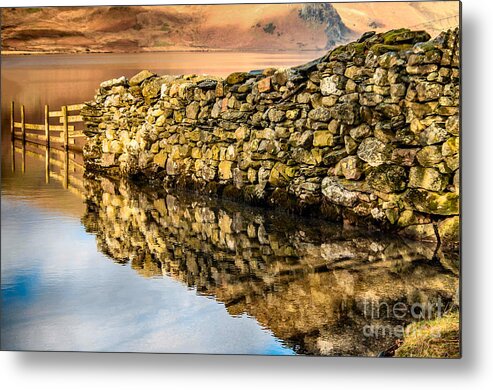 Lake - Lakeland - Reflections - Wall - Stone - Fences - Hills - Cumbria - Lakes - England - Uk Metal Print featuring the photograph Crummock Reflection by Chris Horsnell