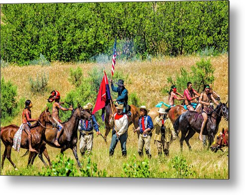 Little Bighorn Re-enactment Metal Print featuring the photograph Custer And His Troops Fighting The Indians 2 by Donald Pash