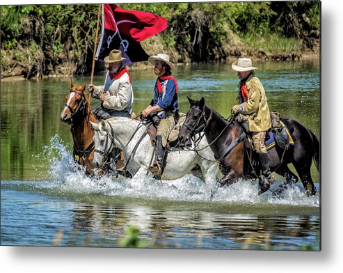 Little Bighorn Re-enactment Metal Print featuring the photograph Custer Crossing Little Bighorn River by Donald Pash