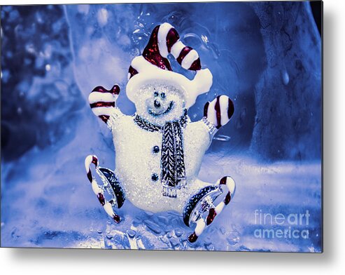 Snowman Metal Print featuring the photograph Cute snowman in ice skates by Jorgo Photography