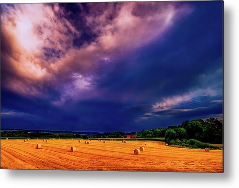 Hay Metal Print featuring the photograph Dark Clouds Over Hay Field by Mountain Dreams