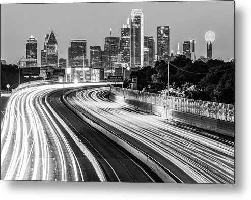 Dallas Skyline Metal Print featuring the photograph Dawn at the Dallas Skyline - Texas Cityscape in Black and White by Gregory Ballos