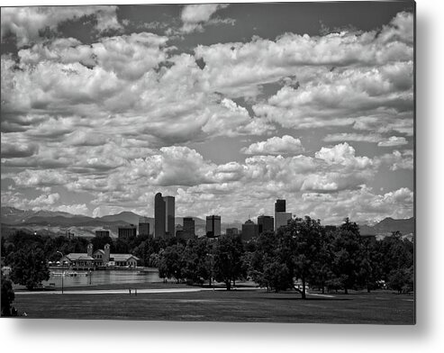 Black And White Metal Print featuring the photograph Denver Skyline with mountains by FineArtRoyal Joshua Mimbs
