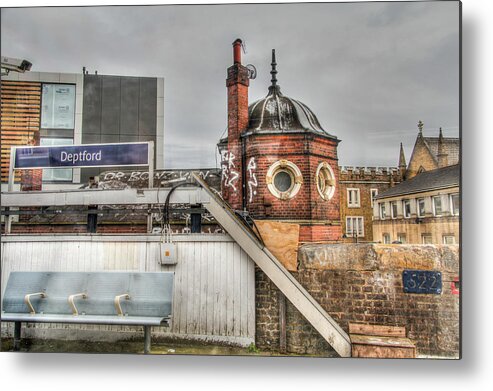 Deptford Station Tube Train London England Uk Britain Gritty Skies Surreal Graffiti Metal Print featuring the photograph Deptford Station by Ross Henton