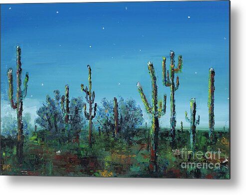 Desert Saguaro Catus In Bloom Metal Print featuring the painting Desert Blue by Frances Marino