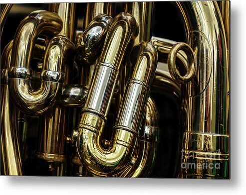 Tuba Metal Print featuring the photograph Detail of the brass pipes of a tuba by Jane Rix