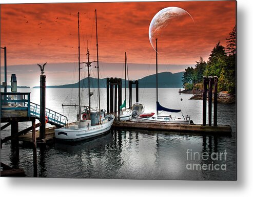 Boats Metal Print featuring the photograph Dock and the moon by Barry Weiss