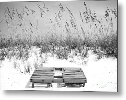 Destin Metal Print featuring the photograph Dual Wooden Tanning Beds on White Sand Dune Destin Florida Black and White by Shawn O'Brien