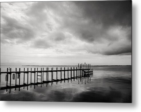 Duck Nc Metal Print featuring the photograph Duck Pier in Black and White by Don Johnson