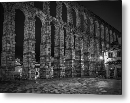 Joan Carroll Metal Print featuring the photograph Early Morning at the Aqueduct of Segovia BW by Joan Carroll