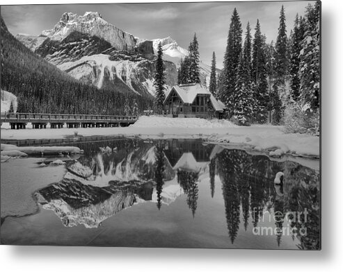 Emerald Lake Metal Print featuring the photograph Emerald Lake Winter Sunset Reflections Black And White by Adam Jewell
