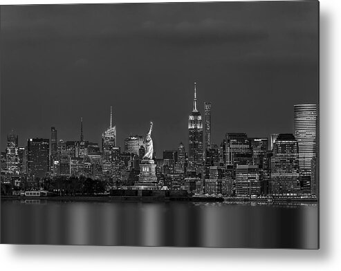 Statue Of Liberty Metal Print featuring the photograph Empire State And Statue Of Liberty BW by Susan Candelario