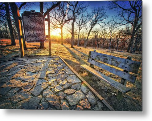 Wisconsin Sunset Metal Print featuring the photograph Empty Park Bench - Sunset at Lapham Peak by Jennifer Rondinelli Reilly - Fine Art Photography