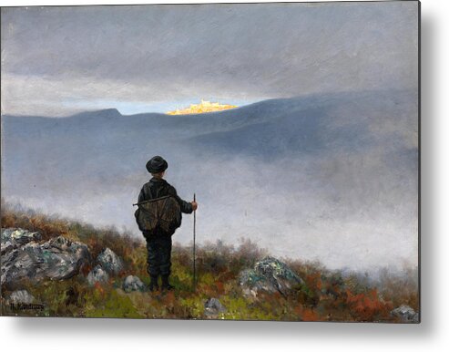 Theodor Kittelsen Metal Print featuring the painting Far far away Soria Moria Palace shimmered like Gold by Theodor Kittelsen