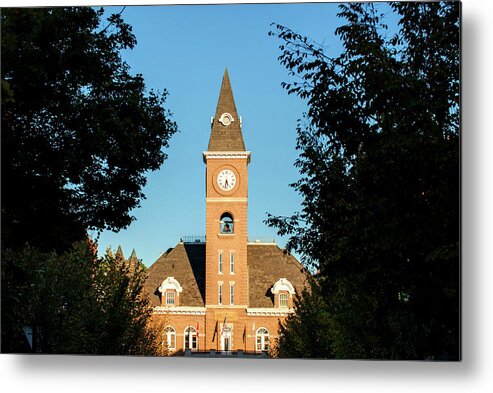 Fayetteville Skyline Metal Print featuring the photograph Fayetteville Arkansas Downtown Courthouse at Sunset by Gregory Ballos