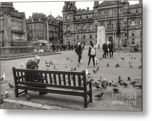 George Square Metal Print featuring the photograph Feeding the Birds at George Square In Greyscale by Joan-Violet Stretch