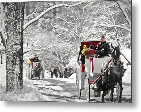 Carriage Rides Metal Print featuring the painting Festive Winter Carriage Rides Black And White by Sandi OReilly