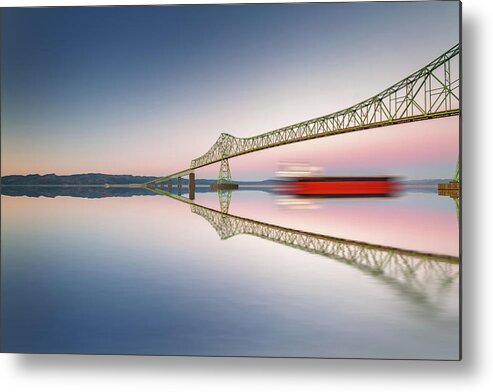 Oregon Metal Print featuring the photograph Fine art bridge and ship in clear sky with reflections by William Lee