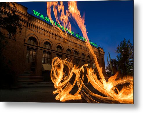 Firespinner Metal Print featuring the photograph Fire Dancers In Spokane W A by Steve Gadomski