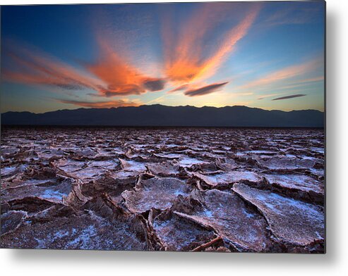 Badwater; Below Sea Level; Death Valley; Landscape; Minus 282; Mud; National Park; Ridges; Salt; Salt Pan; Sunset; Metal Print featuring the photograph Fire in the Sky and Embers Down Below by David Andersen
