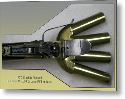 1770 Metal Print featuring the photograph FireArms 1770 English Flintlock Duckfoot Pistol 8 Groove Rifling 46cal by Thomas Woolworth